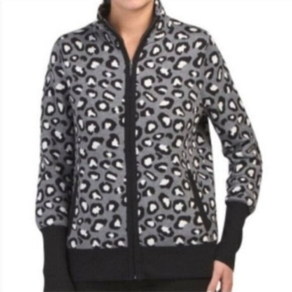Rachel Zoe Black Gray Cheetah Print Full Zip Cardigan Size XL - Picture 1 of 6